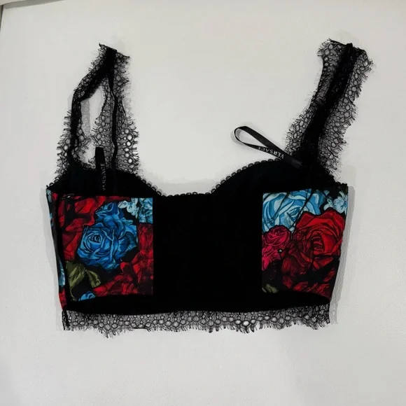 Versace Multicolor (red,blue,black) Floral Silk Lace Trimmed Bralette - Picture 2 of 6